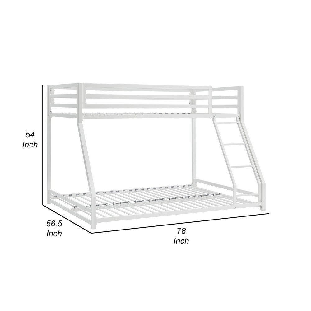 Ovi 78 Inch Twin over Full Bunk Bed, Ladder, Ground Level Bed, White Metal