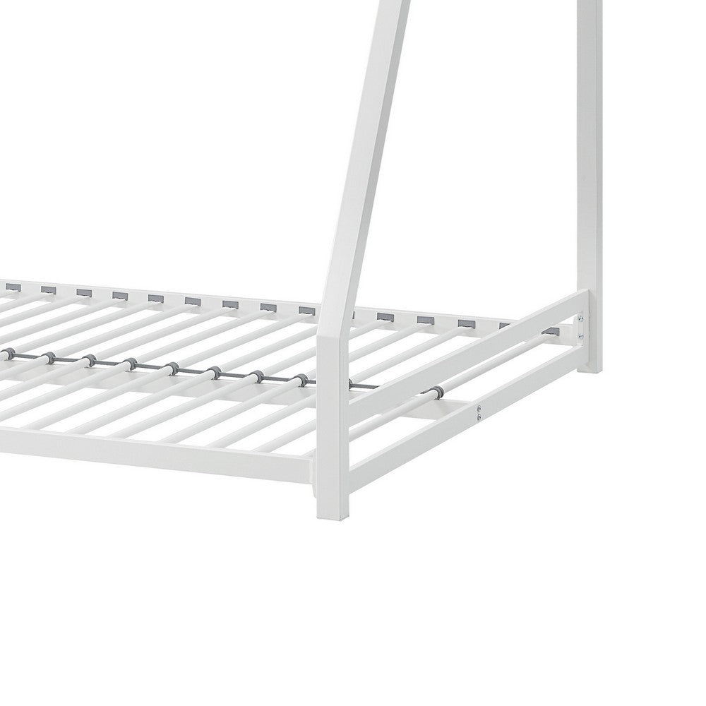 Ovi 78 Inch Twin over Full Bunk Bed, Ladder, Ground Level Bed, White Metal
