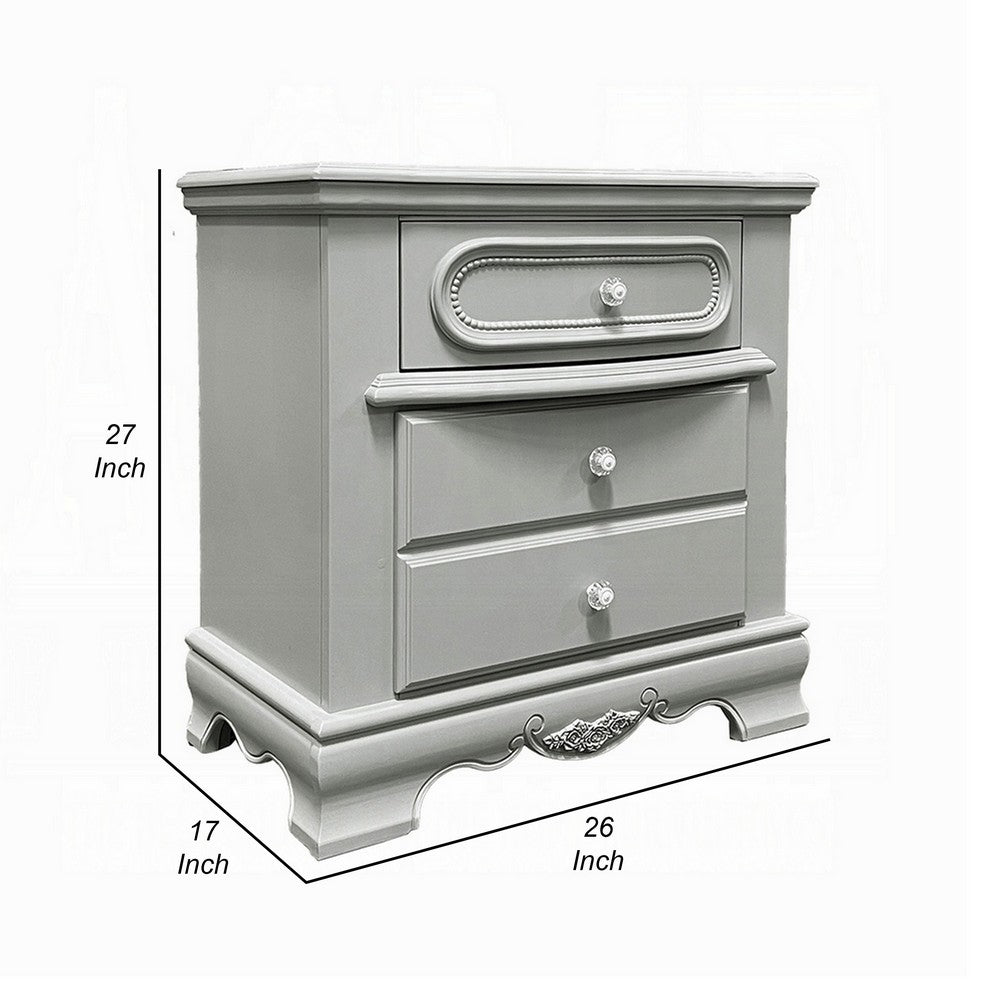 Auri Kids Nightstand, 3 Drawers and Scalloped Base, 27 Inch Gray Wood